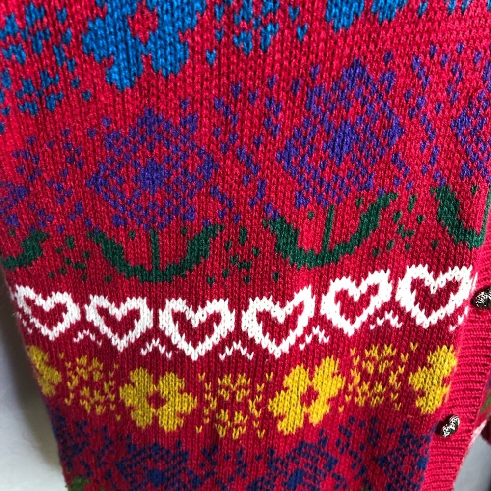 Vintage Northern Isles red heart floral knit button down cardigan size Large - Picture 7 of 16